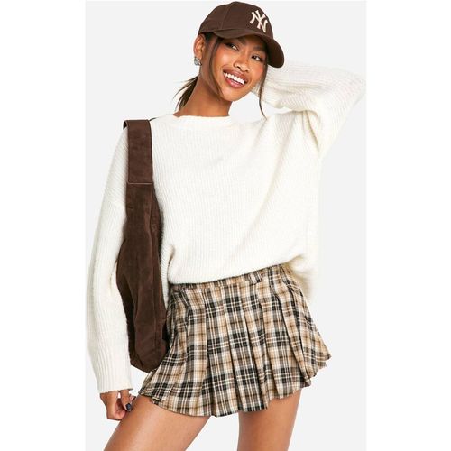Boohoo Women's Check Pleat Mini Skirt in Sand