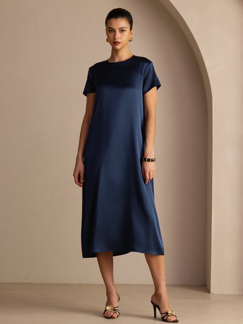 19Momme Silk Short Sleeve Crew Neck  Midi Dress With Side Pockets