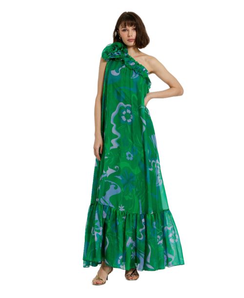 Women's Printed Chiffon One Shoulder Rose Ruffle Gown - Green multi