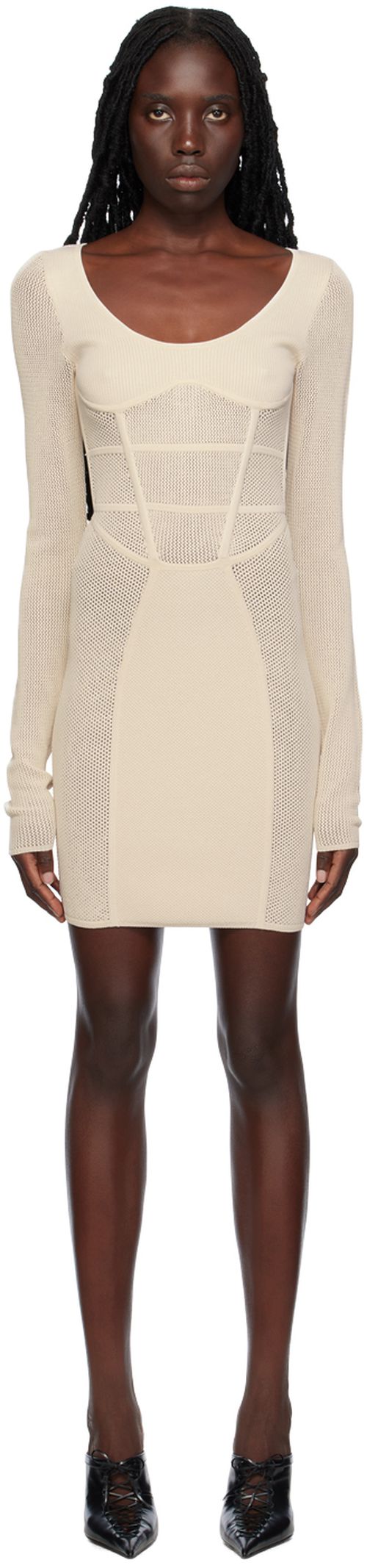 Beige rib-knitted mini dress