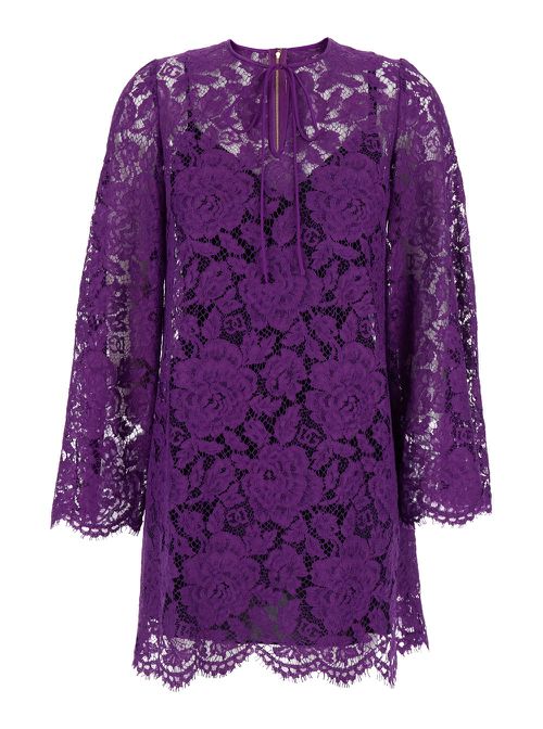 Violet Dress With Round Neck And All-over Floral Embroidery In Cotton Blend Woman