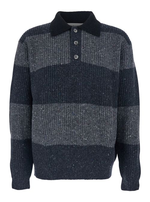 Striped Wool Blend Polo Shirt — Gray