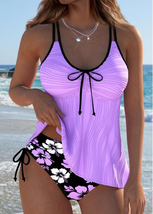 Modlily Mid Waisted Floral Print Purple Tankini Set