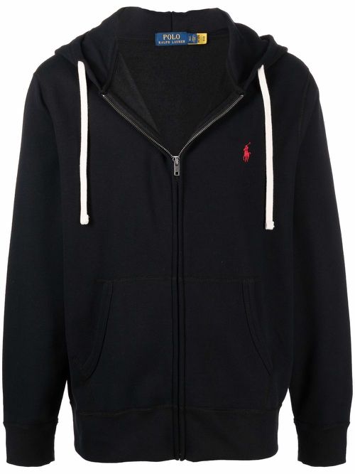 Embroidered-logo zip-up hoodie - Black