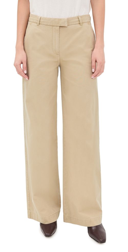 Cotton Twill Wide Leg Trousers Khaki
