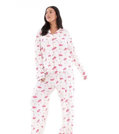 Curve super soft jersey revere top and wide leg pyjama set with piping detail in spicy marg print-Multi