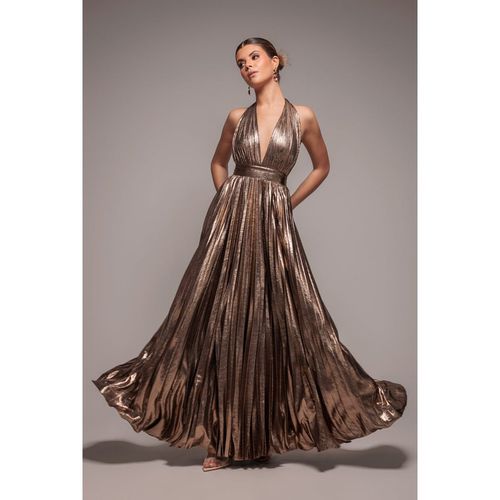 Goddiva Sunrise Foil Halterneck A-Line Maxi Dress - Bronze