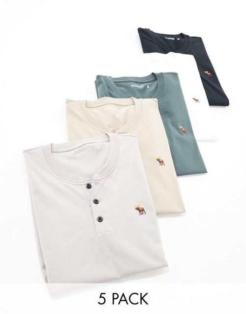 Abercrombie & Fitch 5 pack icon logo henley t-shirt in black/greys/taupe/white-Multi