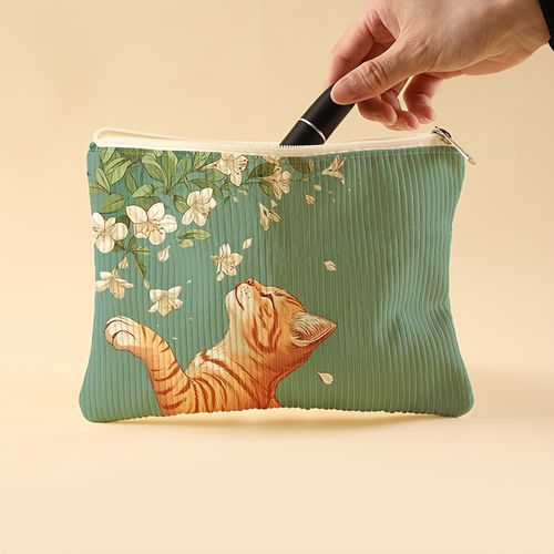 TEMU Cute Cat Print Corduroy Makeup Bag - Lightweight Zippered Cosmetic Organizer With , Multi-functional Travel Pouch For Toiletries & Accessorie
