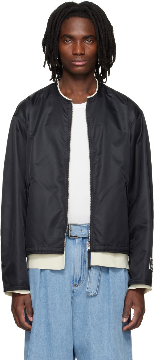Black Layered Collarless Reversible Bomber Jacket