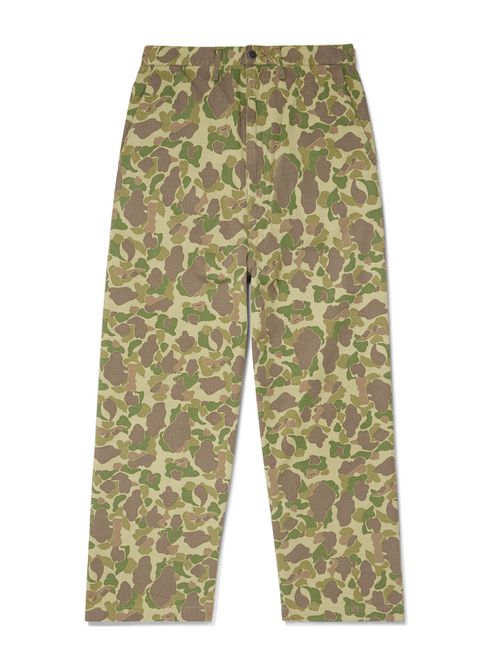 Wide-Leg Camouflage-Print Herringbone Cotton Trousers