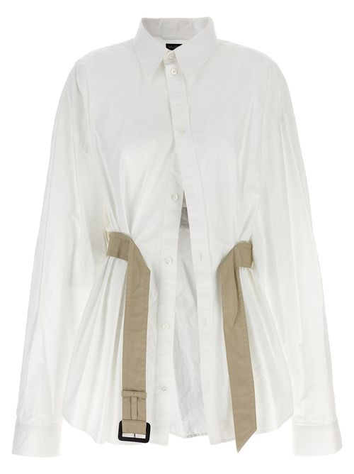 Contrast Belt Cotton Blouse — White