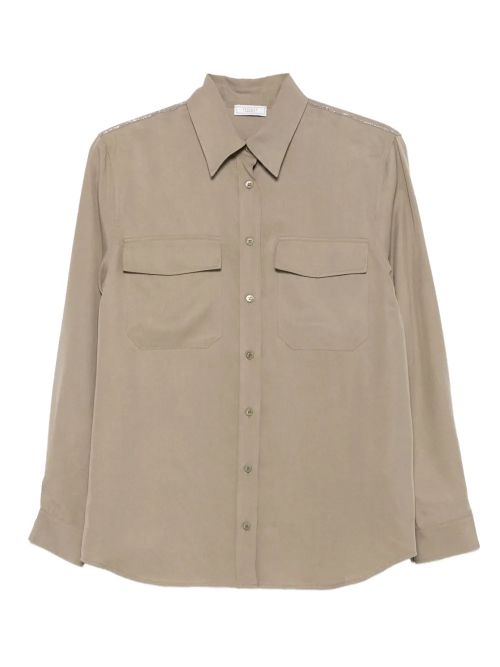 Shoulder-Embellished Lyocell Shirt — Beige