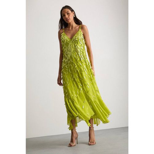 Warehouse Women's Premium Teardrop Embellished Bias Cut Midi Dress in Chartreuse