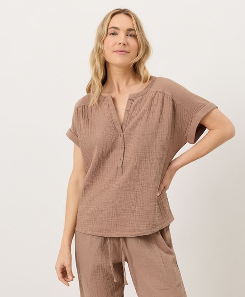 Women's Driftwood Brown Coastal Double Gauze Short Sleeve Popover