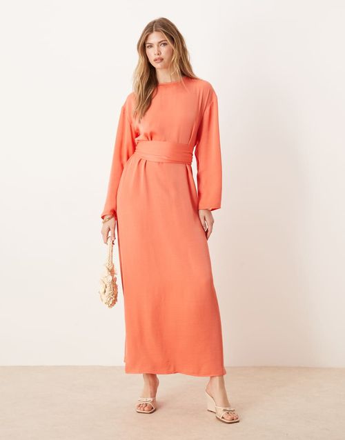 Tie back satin maxi dress in bright peach-Multi