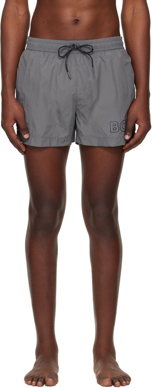 Gray Outline Logo Print Swim Shorts