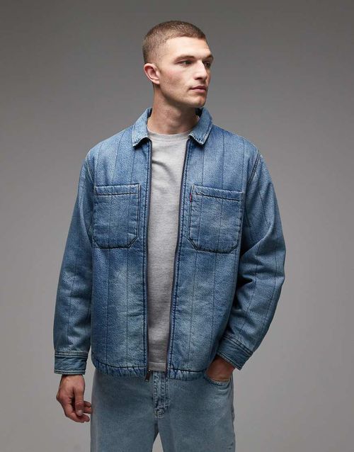 Kyren quilted zip front denim overshirt jacket in light wash-Blue