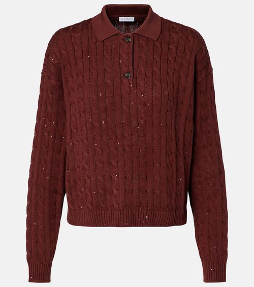 Cable-knit cotton-blend polo sweater