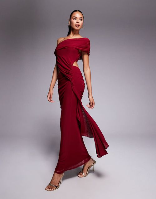 Mesh ruched off shoulder midi dress with ruffle sash detail in cherry-Red