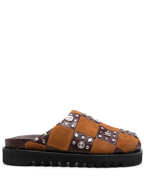 Stud-embellished leather slippers - Brown