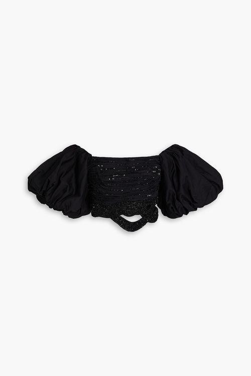 New Catara off-the-shoulder cropped embellished cotton-poplin top - Black - UK 6