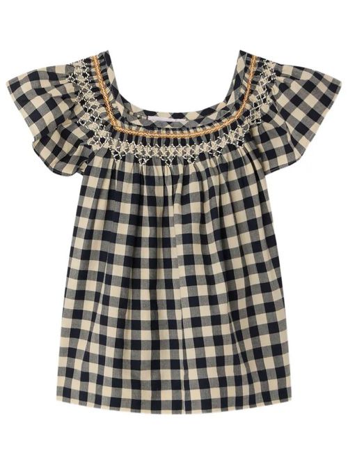 Carlie Checkered-Print Hand-Embroidered Blouse