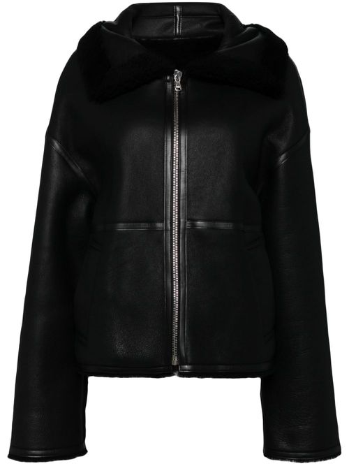Shearling-lined aviator leather jacket - Black
