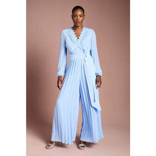 Coast Women's Lace Trim Pleated Leg Jumpsuit With Tie Waist in Cornflower Blue