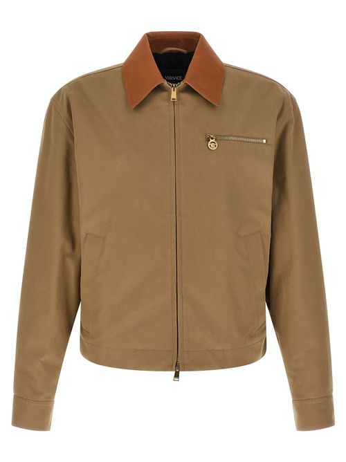 Cotton Canvas with Leather Collar Jacket — Beige
