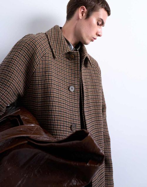 Oversized brushed check wool overcoat in brown