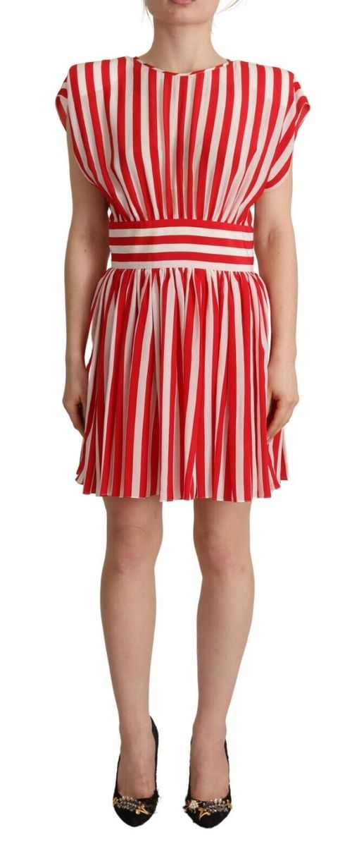 Red and White Striped Silk A-Line Dress — Red