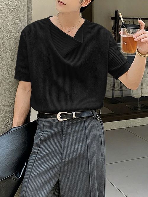 Men's Solid Color Textured Short Sleeve T-shirt SKUL55441 - Black / S