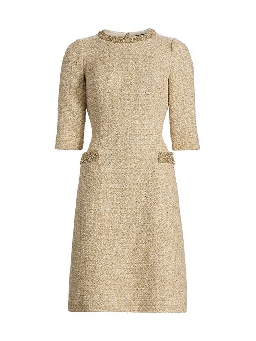 Women's Embellished Metallic Bouclé Knee-Length Dress - Gold Multi