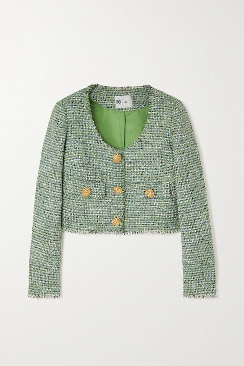Cropped Button-embellished Metallic Bouclé-tweed Jacket - Green - UK12