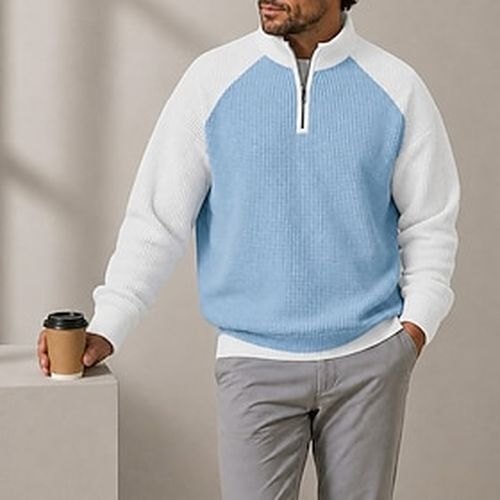 Men's Waffle Polo Shirts Textured Casual Formal Banded Collar Long Sleeve Fashion Solid Color Textured Color Block Buttons Spring Fall Loose Fit Blue Waffle