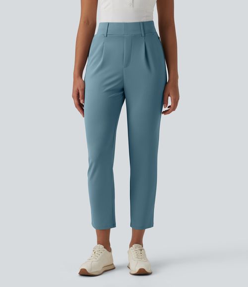 High Waisted Tapered Crepe Golf Pants with Pockets  - Coastline Blue
