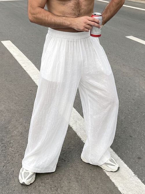 Men's Vintage Boho Sheer Mesh Plated Crinkled Loose Straight Wide Leg Pant SKUL70412 - White / S