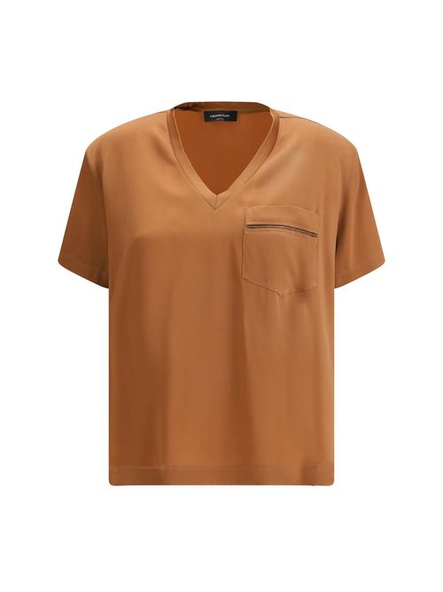 V-Neck Viscose-Acetate Blend T-Shirt — Beige