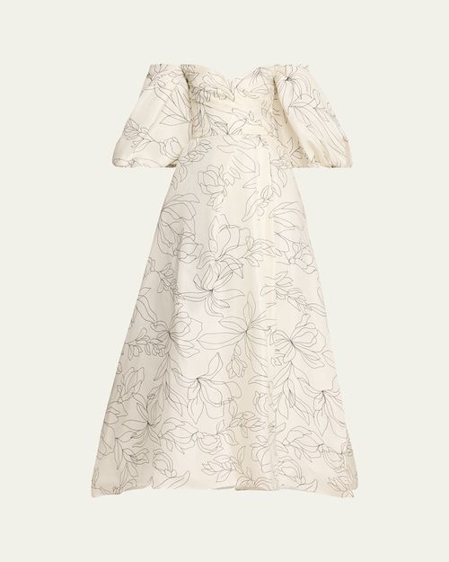 Off-The-Shoulder Floral Blouson-Sleeve Ball Gown