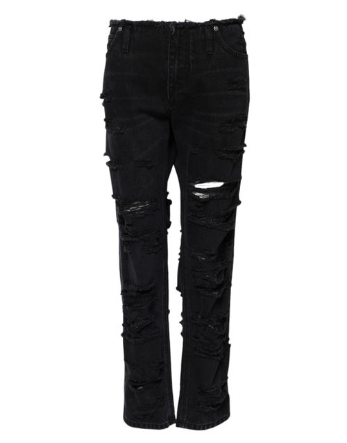 Tattered Cotton Denim Jeans — Black