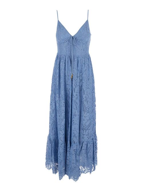 Light Blue V-neck Maxi Dress In Cotton Blend Woman