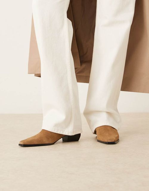 Suede square toe low heeled western ankle boots in latte-Brown