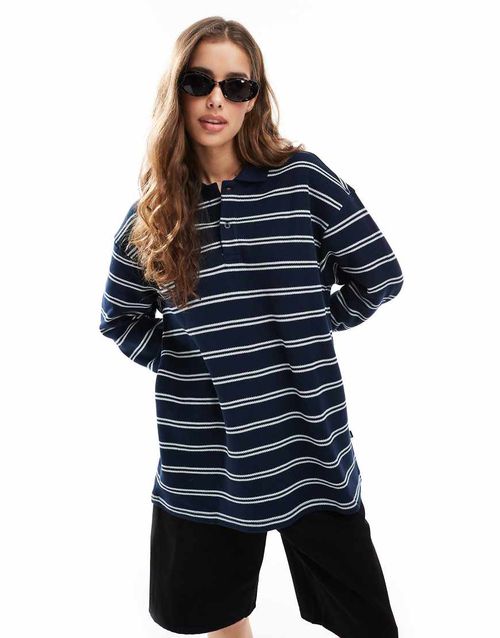 Reno polo relaxed fit long sleeve top in navy and white stripe