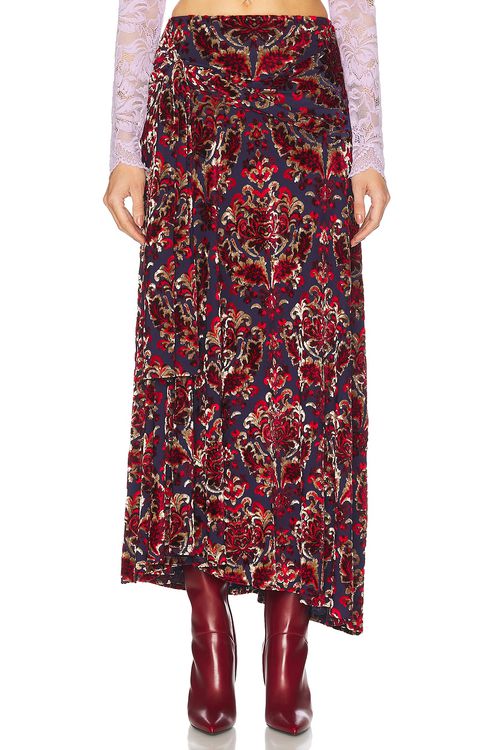 RABANNE Velour Skirt in Jacquard Tapestry & Navy - Red.  42 also in