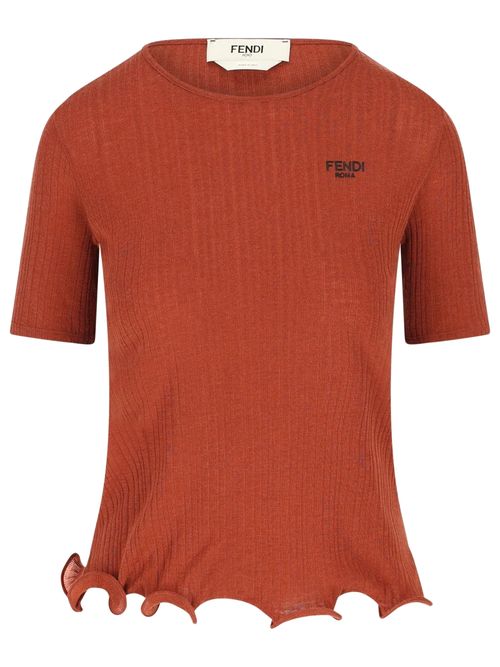 Women's Ribbed Knit Crew Neck Top with Wave Hem and Logo Embroidery