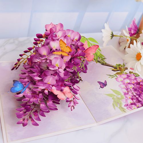 TEMU Handmade 3d Wisteria Flower Pop-up Greeting Card - Purple & Pink With Green Leaves, High-quality Paper Card For Mother's Day, Birthday
