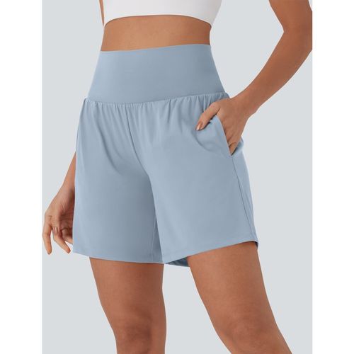 Halara SoftlyZero™ Airy Super High Waisted 2-in-1 InstantCool Yoga Shorts 7" with Pockets - Baby Blue