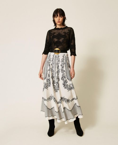 Jacquard satin long skirt with floral and polka dot pattern