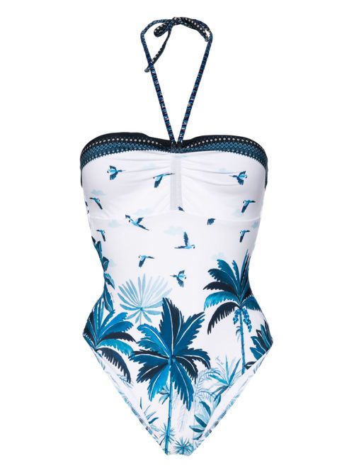Tropical-print halterneck swimsuit - Dream Sky White